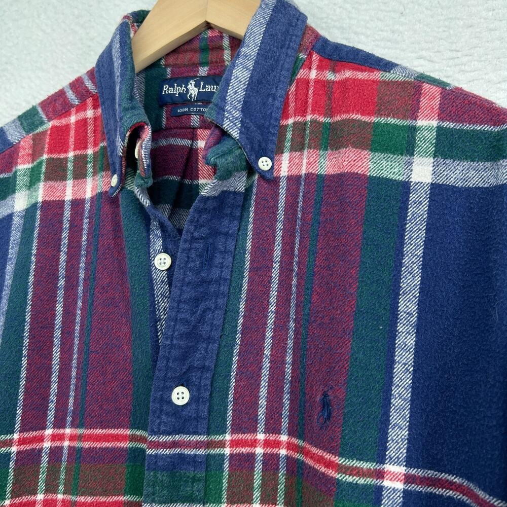 RALPH LAUREN Shirt Mens S Tartan Plaid Flannel Button Down Cotton Blue Vintage